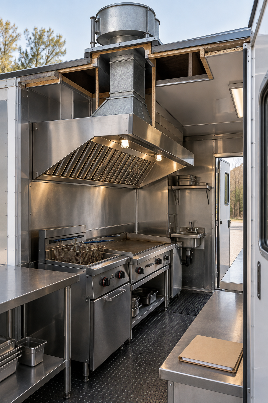 Cutaway view of a compact mobile commercial kitchen showing a stainless canopy hood, baffle filters, short vertical duct, and roof-mounted exhaust fan above a fryer and griddle