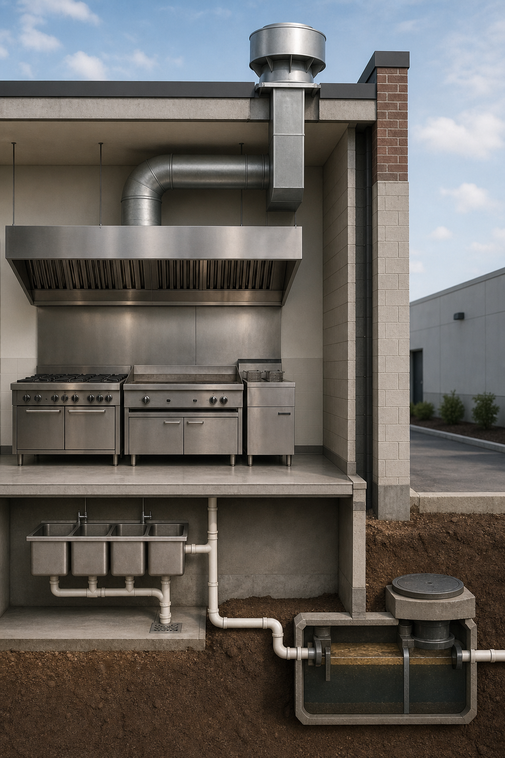 Cutaway of a commercial kitchen showing an overhead hood, exhaust duct, and rooftop fan above the cookline, with a separate sink drain leading to an exterior grease interceptor below