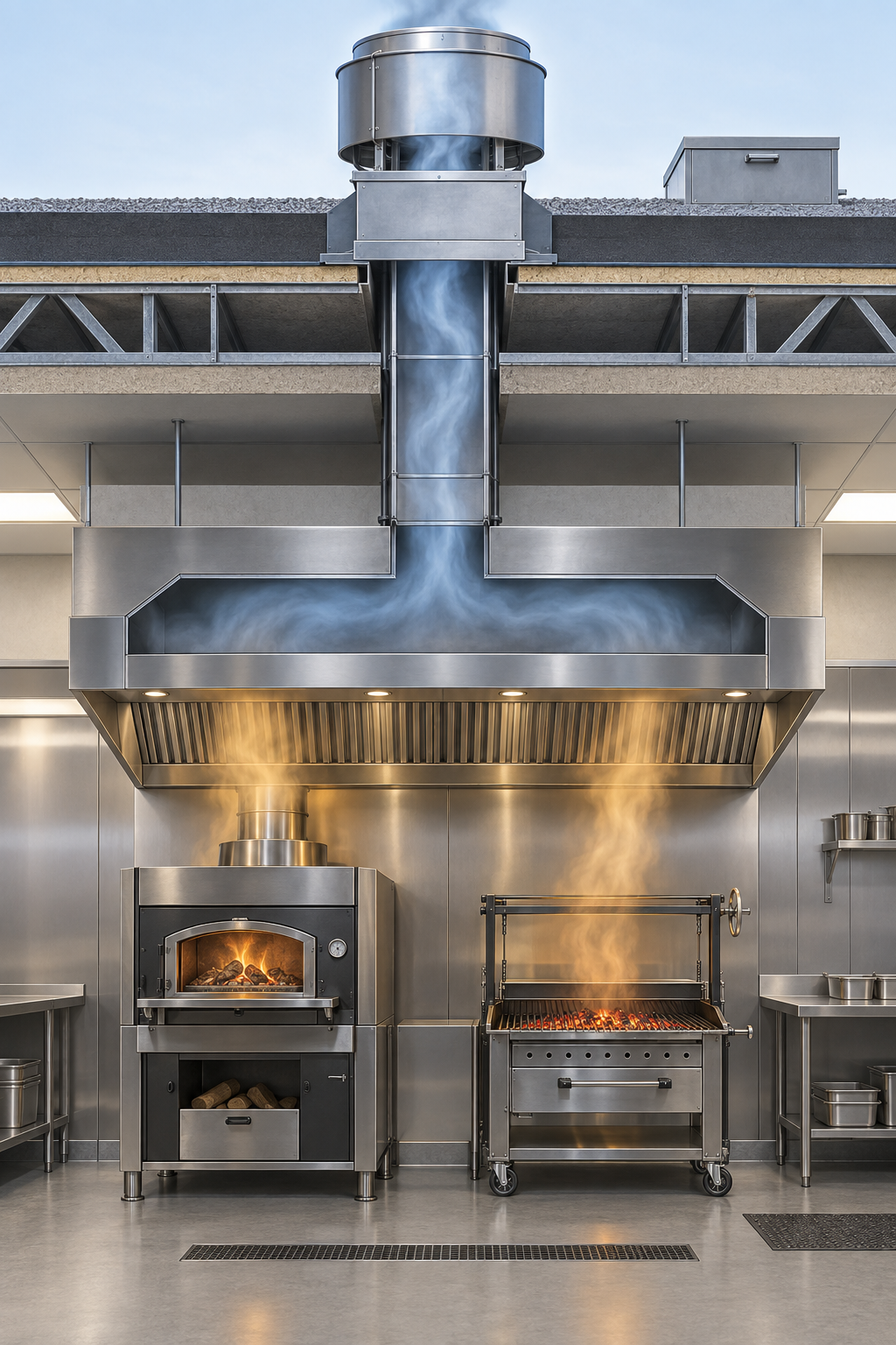 Conceptual cutaway of a commercial wood-fired oven and charcoal grill below a stainless canopy, baffle filters, vertical exhaust duct, and rooftop upblast fan